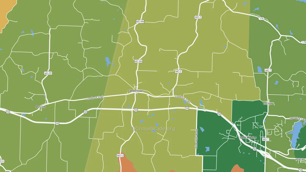 Centertown, MO Map of Robbery Rates