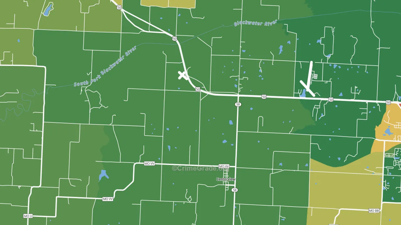 Centerview, MO Map of Robbery Rates