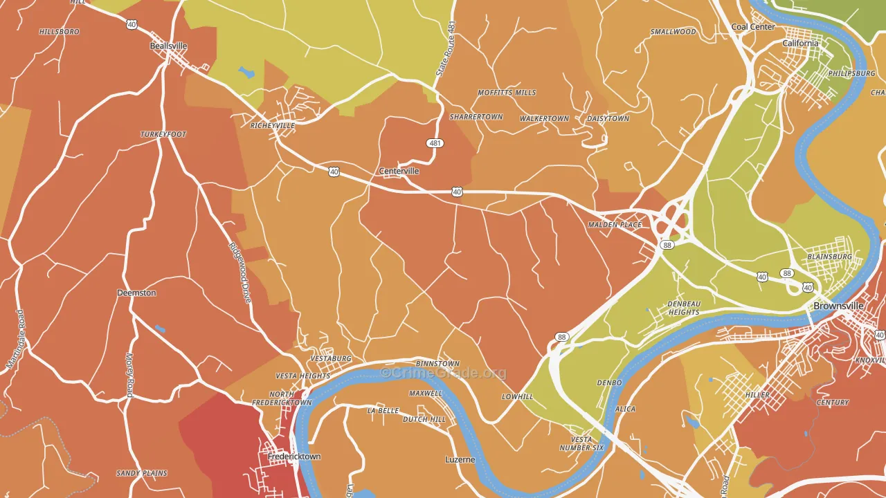 Centerville, Brownsville, PA Map of Robbery Rates