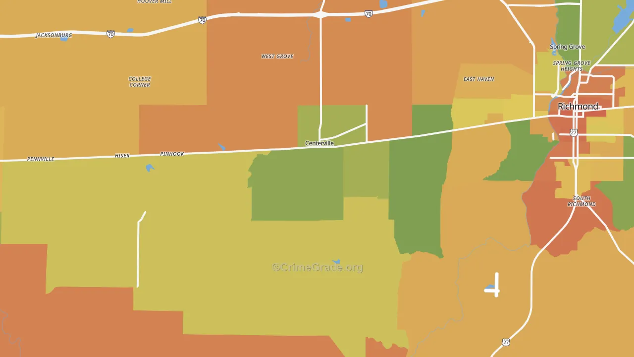 Centerville, IN Map of Robbery Rates