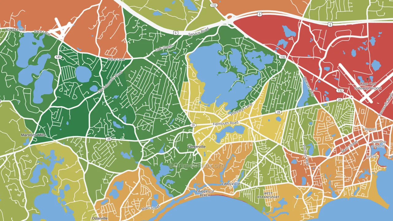 Centerville, MA Map of Robbery Rates