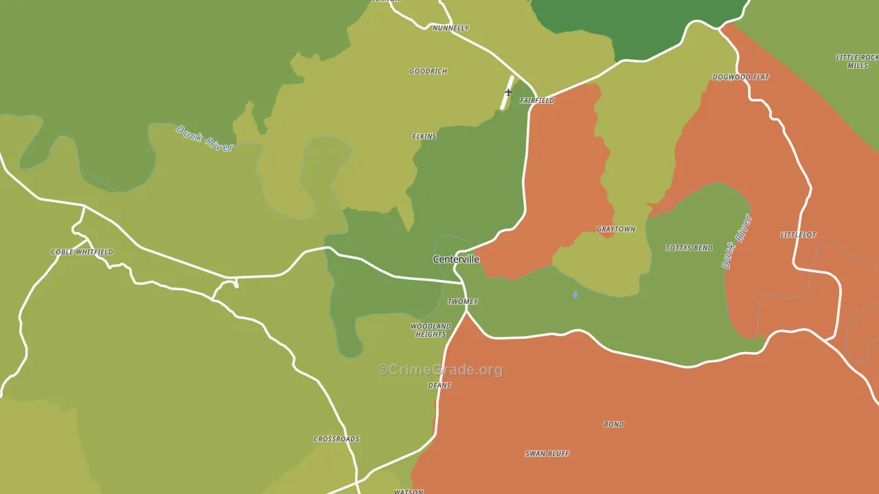 Centerville, TN Map of Robbery Rates