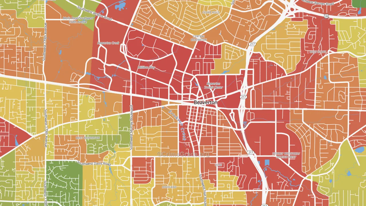 Central Beaverton, Beaverton, OR Map of Robbery Rates