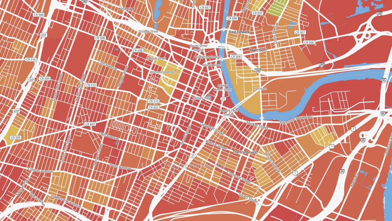 Central Business District, Newark, NJ Map of Robbery Rates