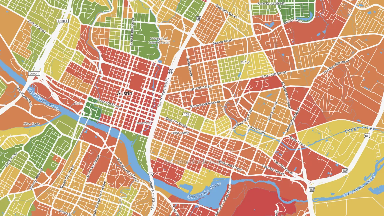 Central East Austin, Austin, TX Map of Robbery Rates