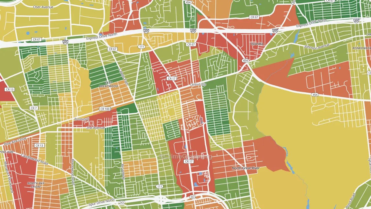 Central Islip, NY Map of Robbery Rates