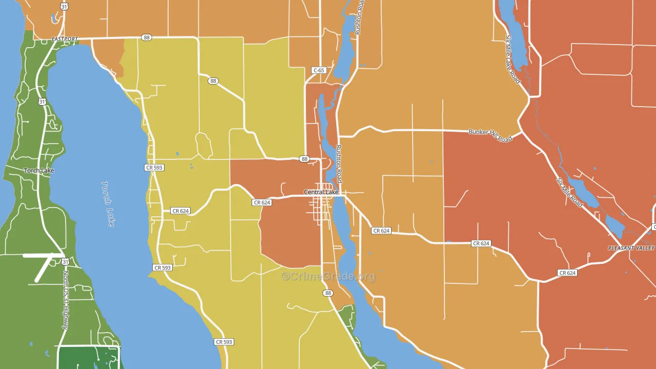 Central Lake, MI Map of Robbery Rates