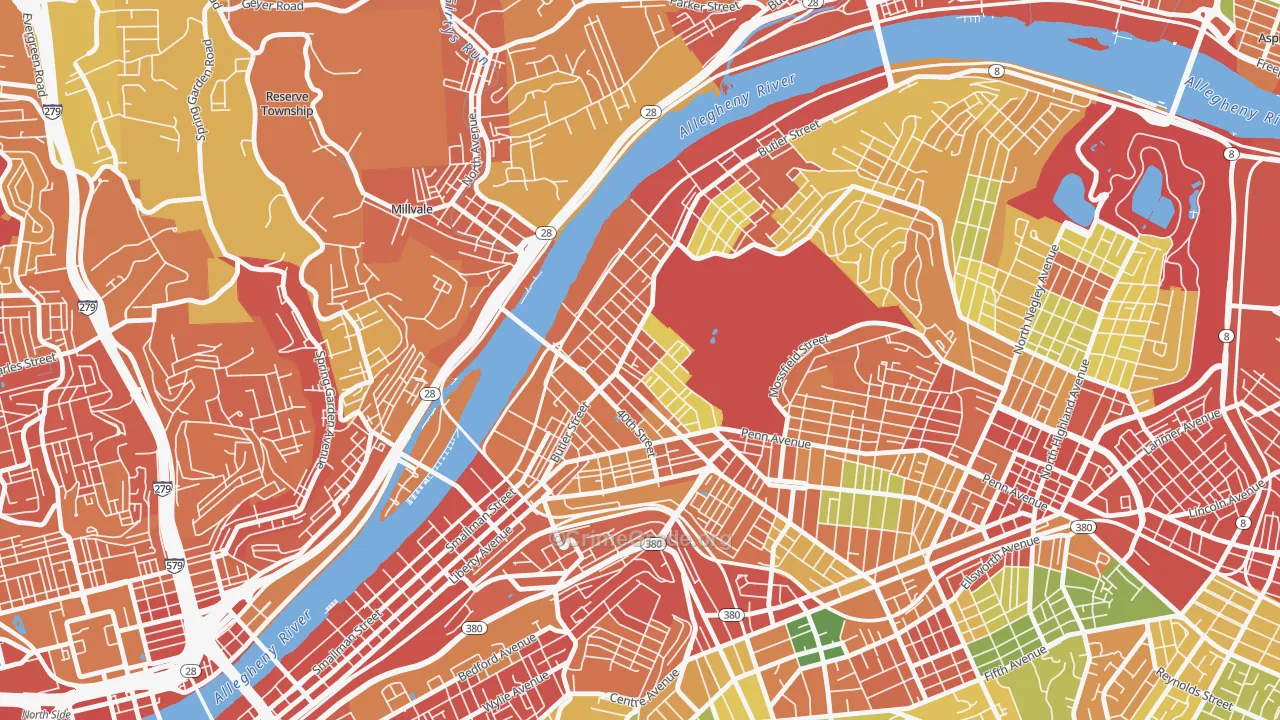Central Lawrenceville, Pittsburgh, PA Map of Robbery Rates