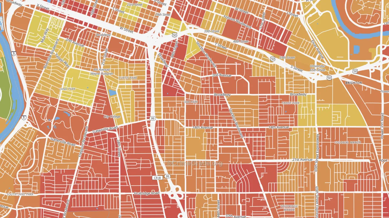 Central Oak Park, Sacramento, CA Map of Robbery Rates