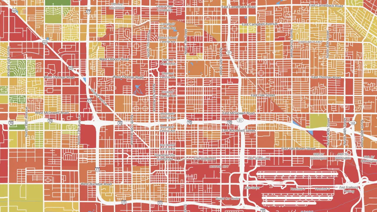 Central Phoenix, Phoenix, AZ Map of Robbery Rates