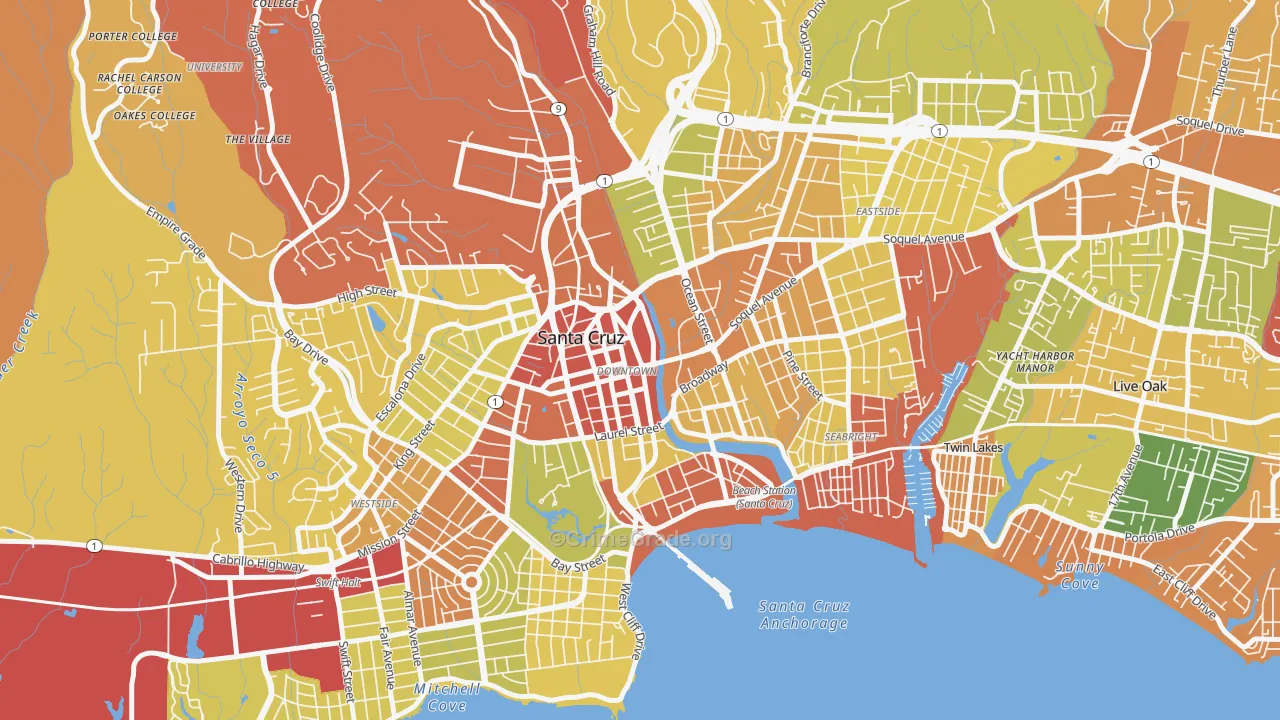 Central Santa Cruz, Santa Cruz, CA Map of Robbery Rates