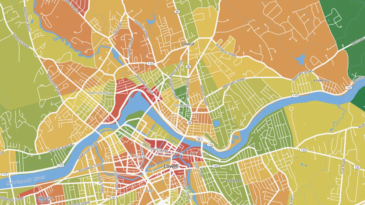 Centralville, Lowell, MA Map of Robbery Rates