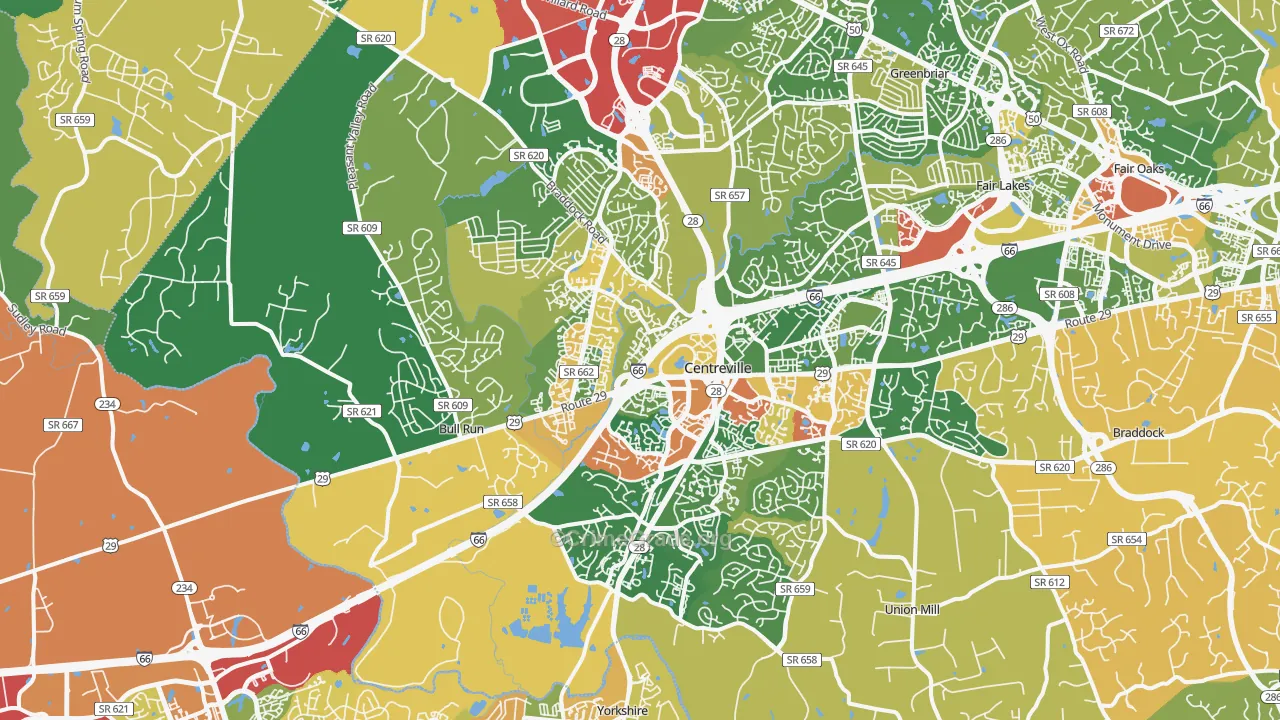 Centreville, VA Map of Robbery Rates