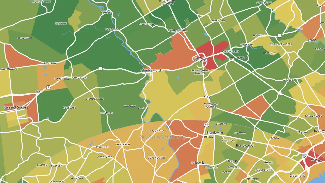 Chadds Ford, PA Map of Robbery Rates
