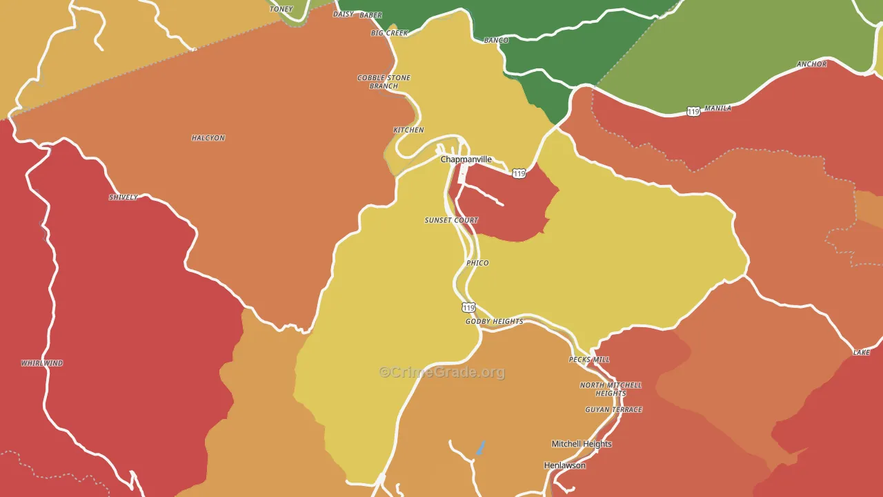 Chapmanville, WV Map of Robbery Rates
