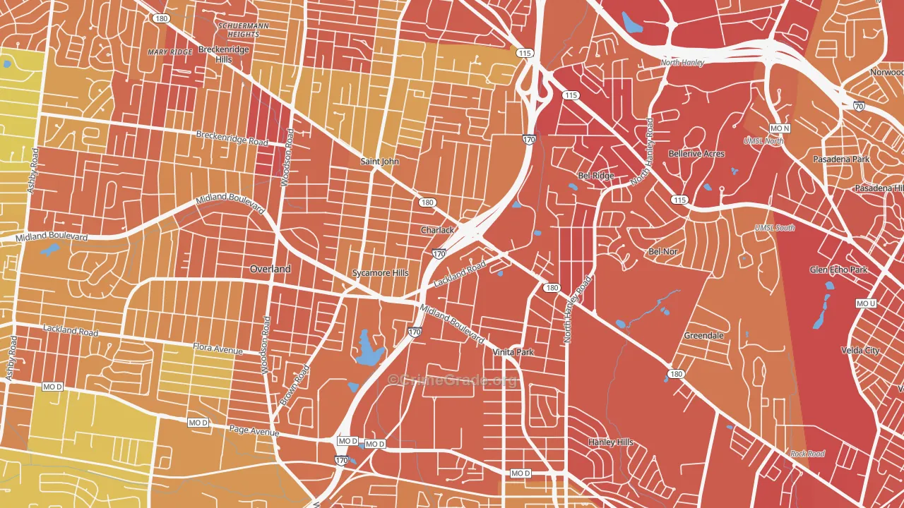 Charlack, MO Map of Robbery Rates