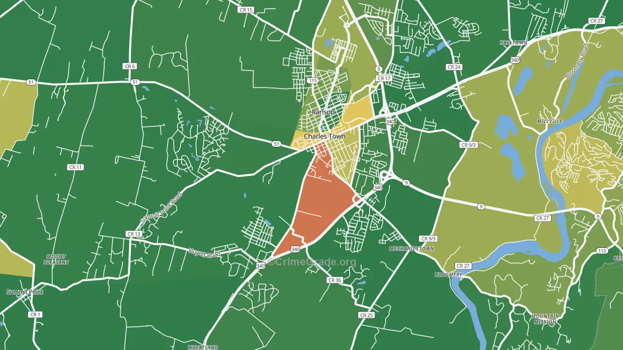 Charles Town, WV Map of Robbery Rates