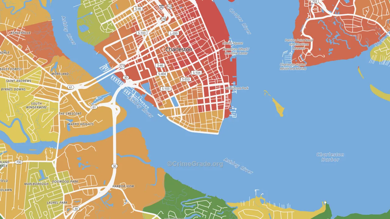 Charleston Historic District, Charleston, SC Map of Robbery Rates