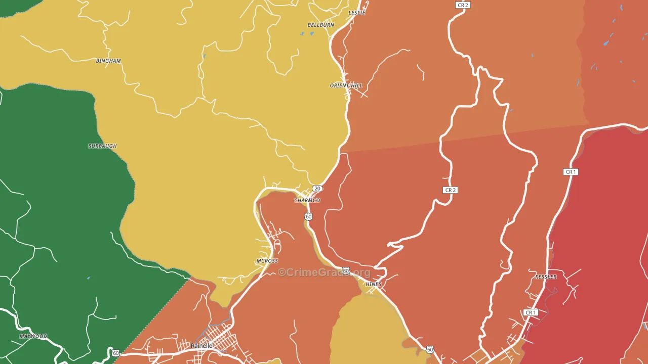 Charmco, WV Map of Robbery Rates