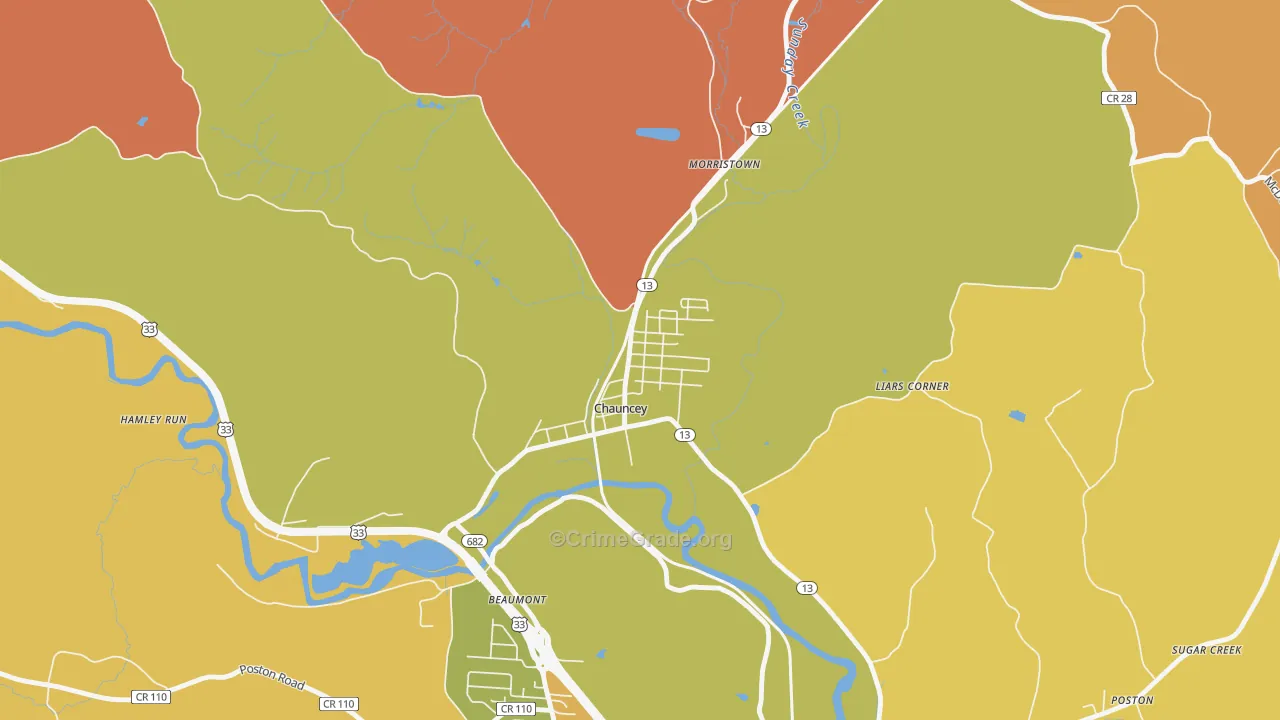 Chauncey, OH Map of Robbery Rates