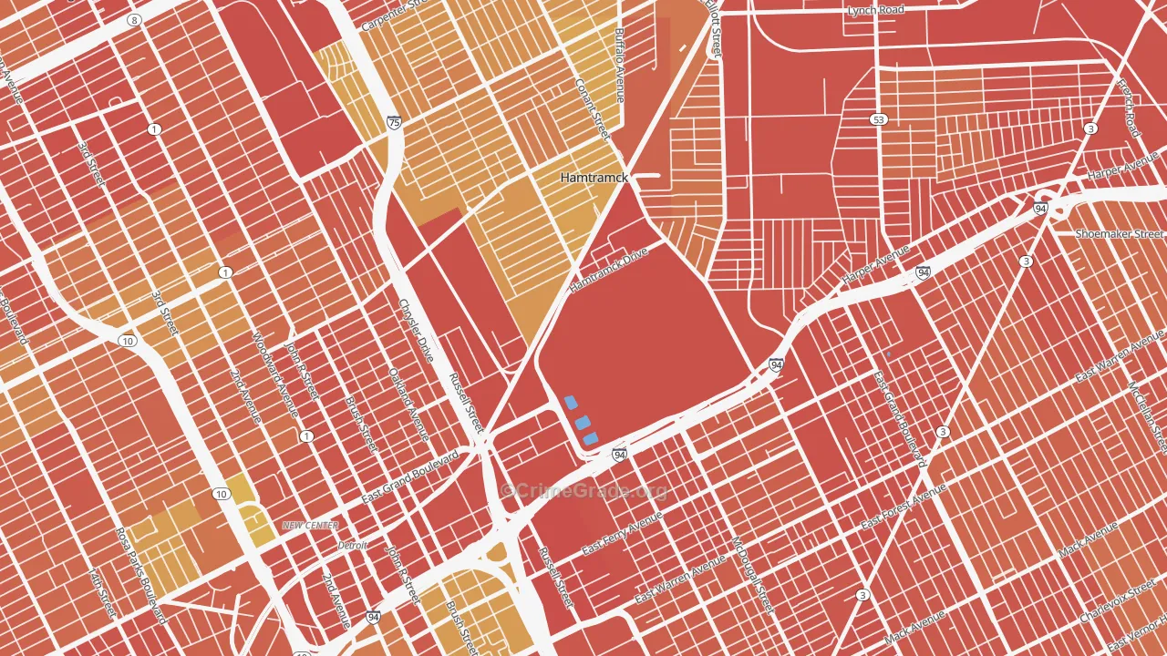 Chene, Detroit, MI Map of Robbery Rates