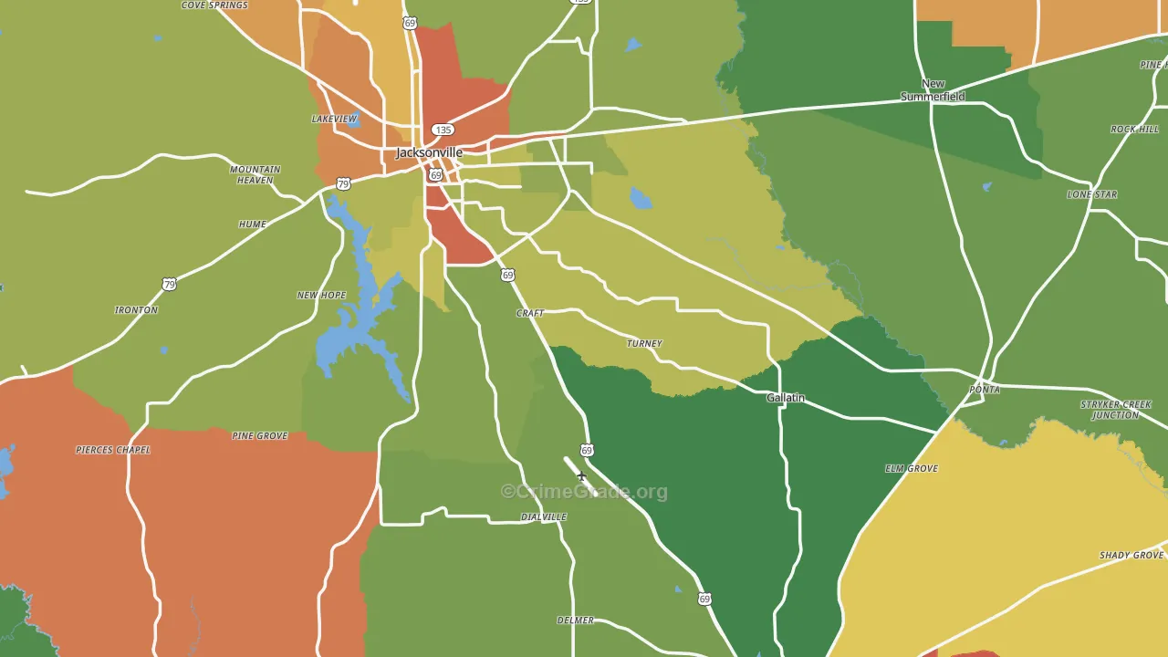 Cherokee County, TX Map of Robbery Rates