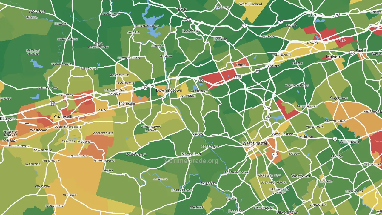 Chester County, PA Map of Robbery Rates