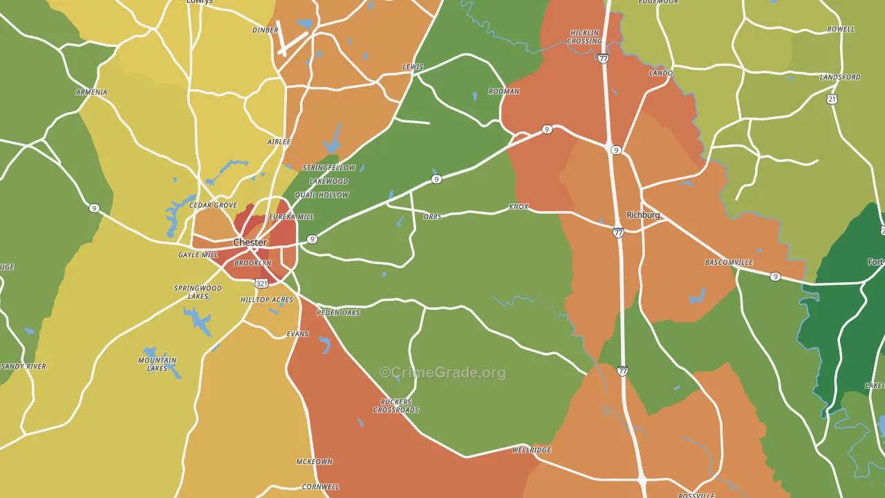 Chester County, SC Map of Robbery Rates