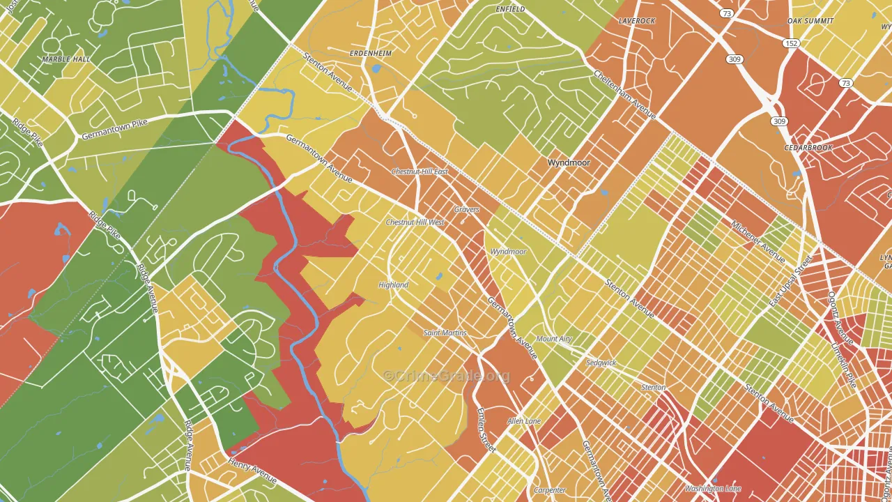 Chestnut Hill, Philadelphia, PA Map of Robbery Rates