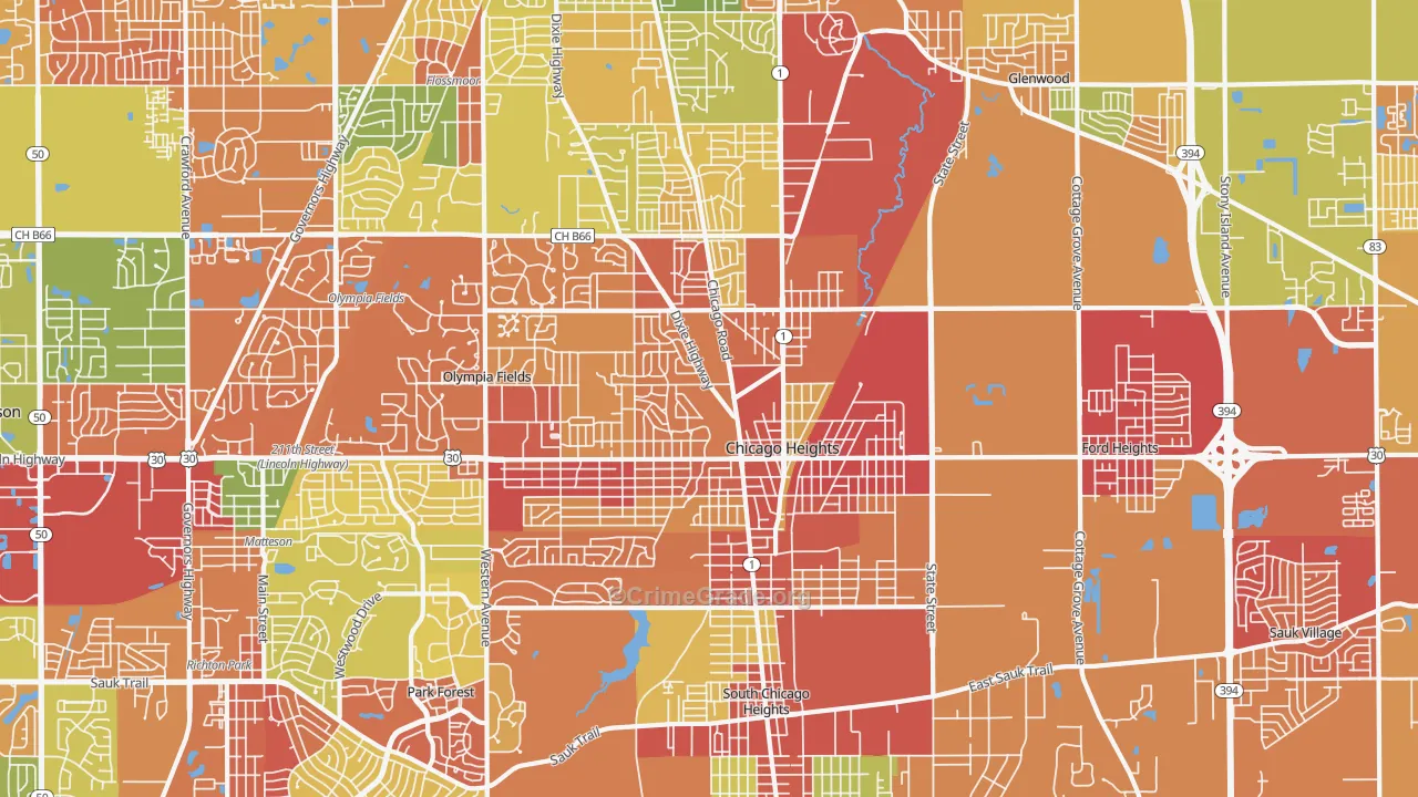 Chicago Heights, IL Map of Robbery Rates