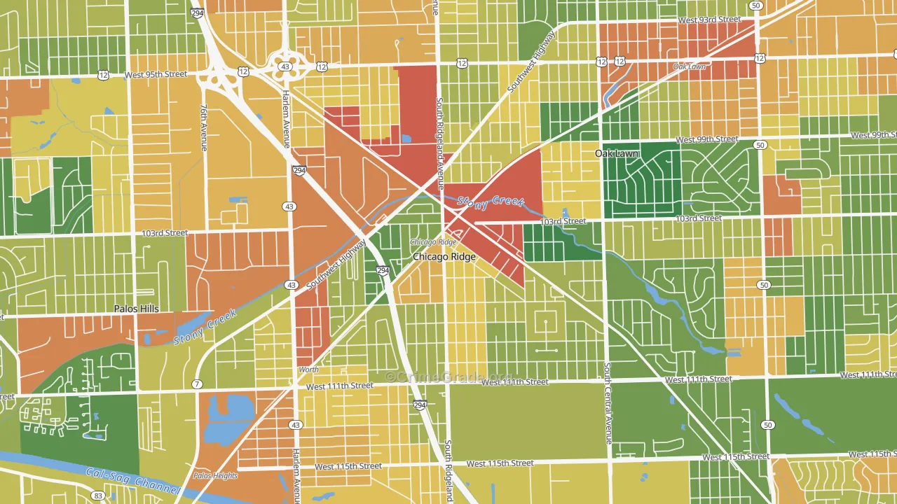Chicago Ridge, IL Map of Robbery Rates