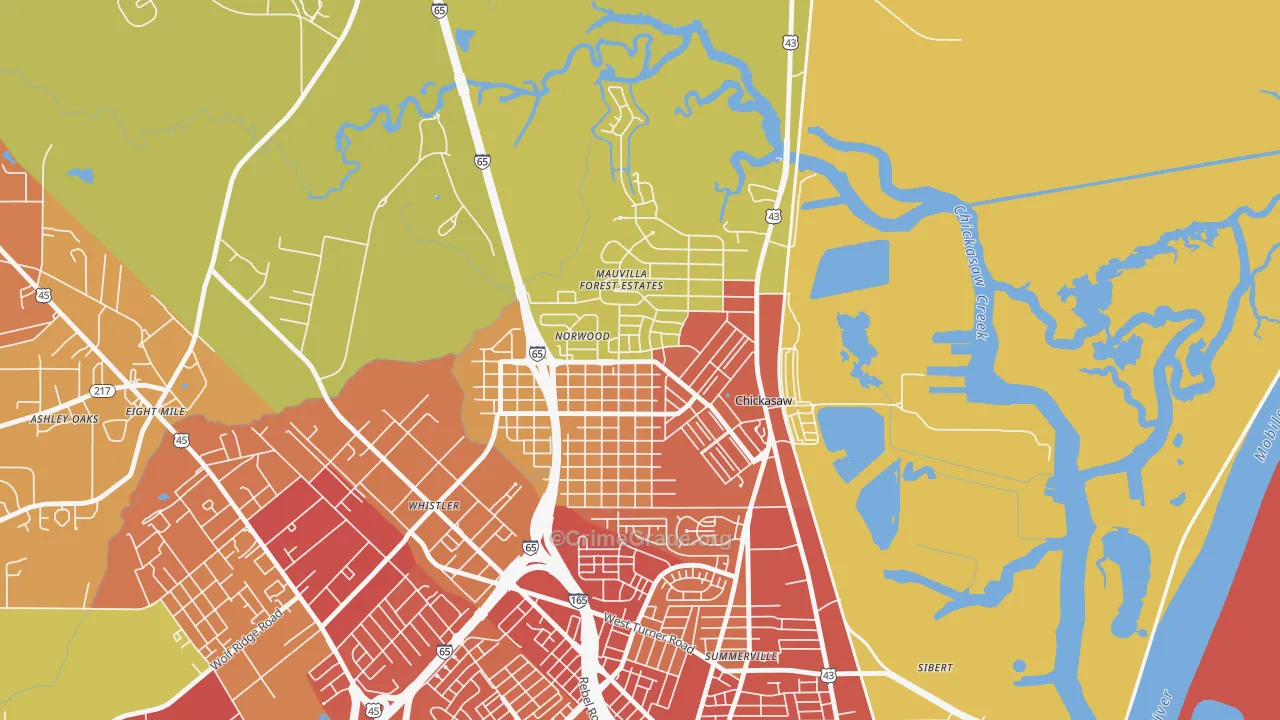 Chickasaw, AL Map of Robbery Rates