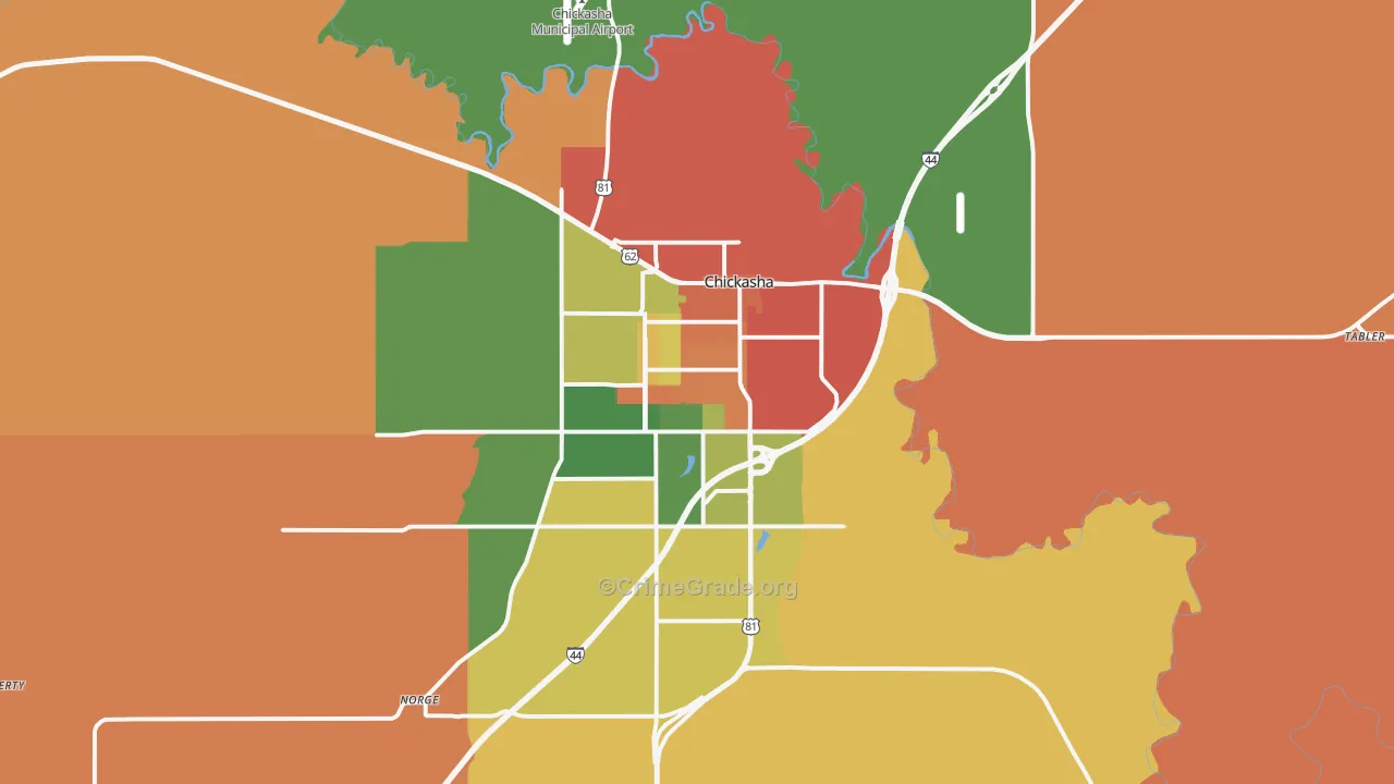 Chickasha, OK Map of Robbery Rates