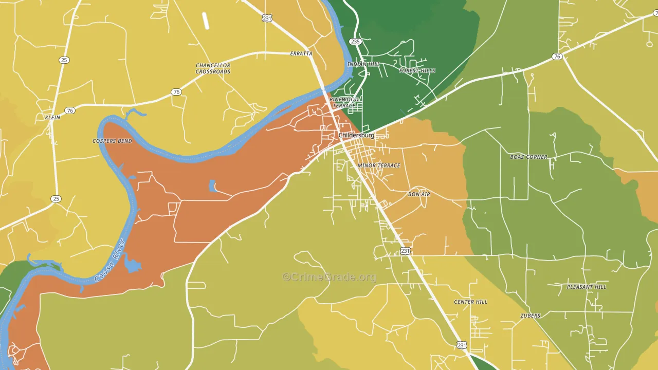 Childersburg, AL Map of Robbery Rates
