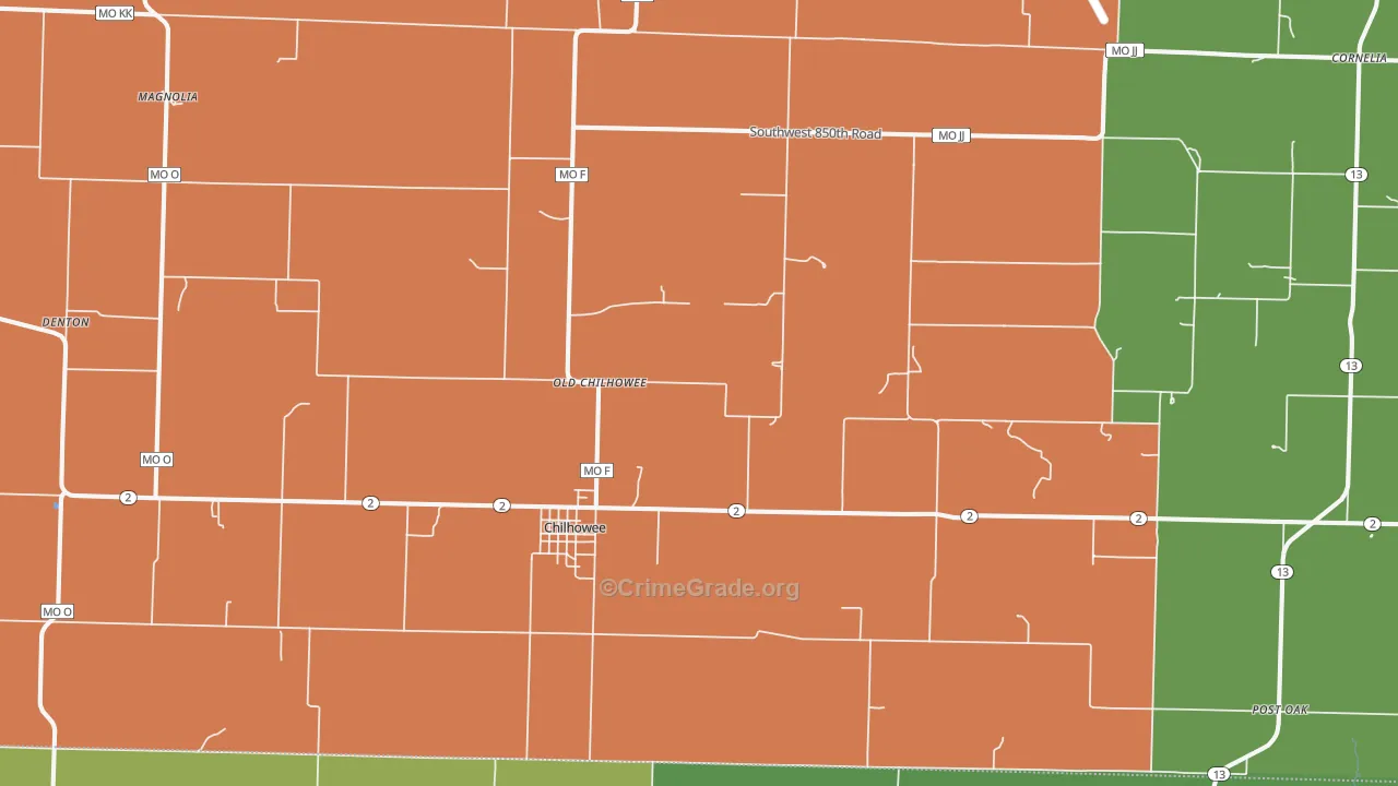 Chilhowee, MO Map of Robbery Rates