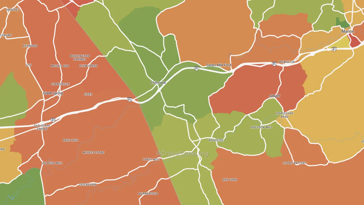 Chilhowie, VA Map of Robbery Rates