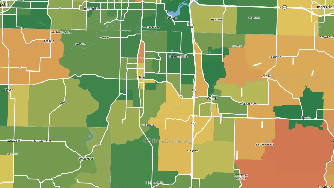 Christian County, MO Map of Robbery Rates