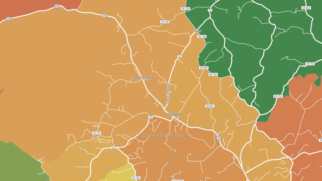 Churchville, VA Map of Robbery Rates