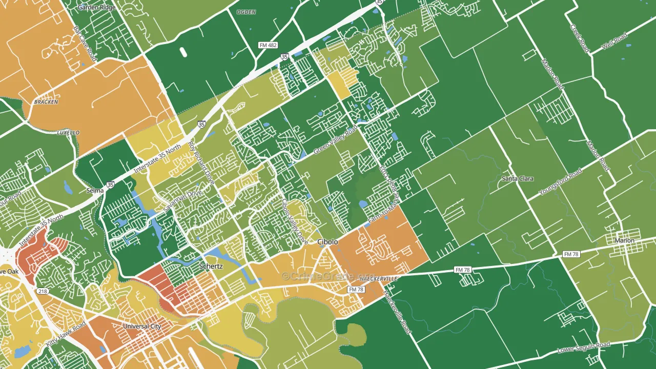 Cibolo, TX Map of Robbery Rates