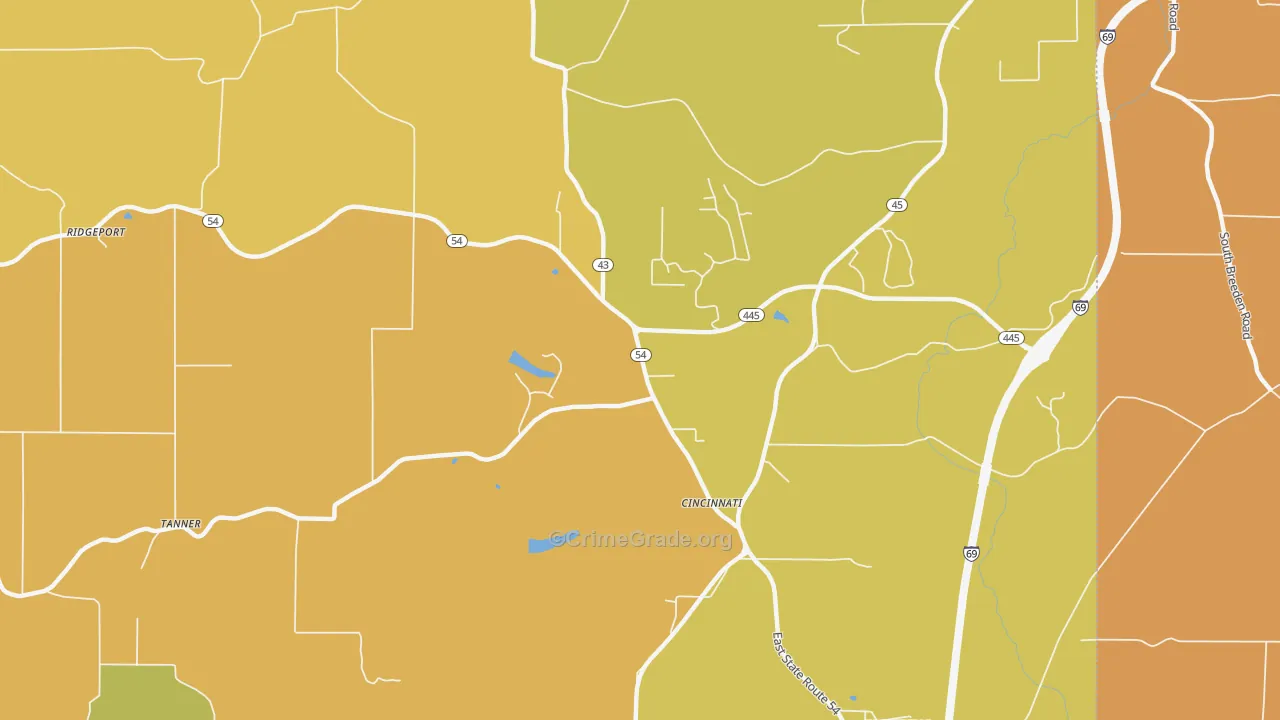 Cincinnati, IN Map of Robbery Rates