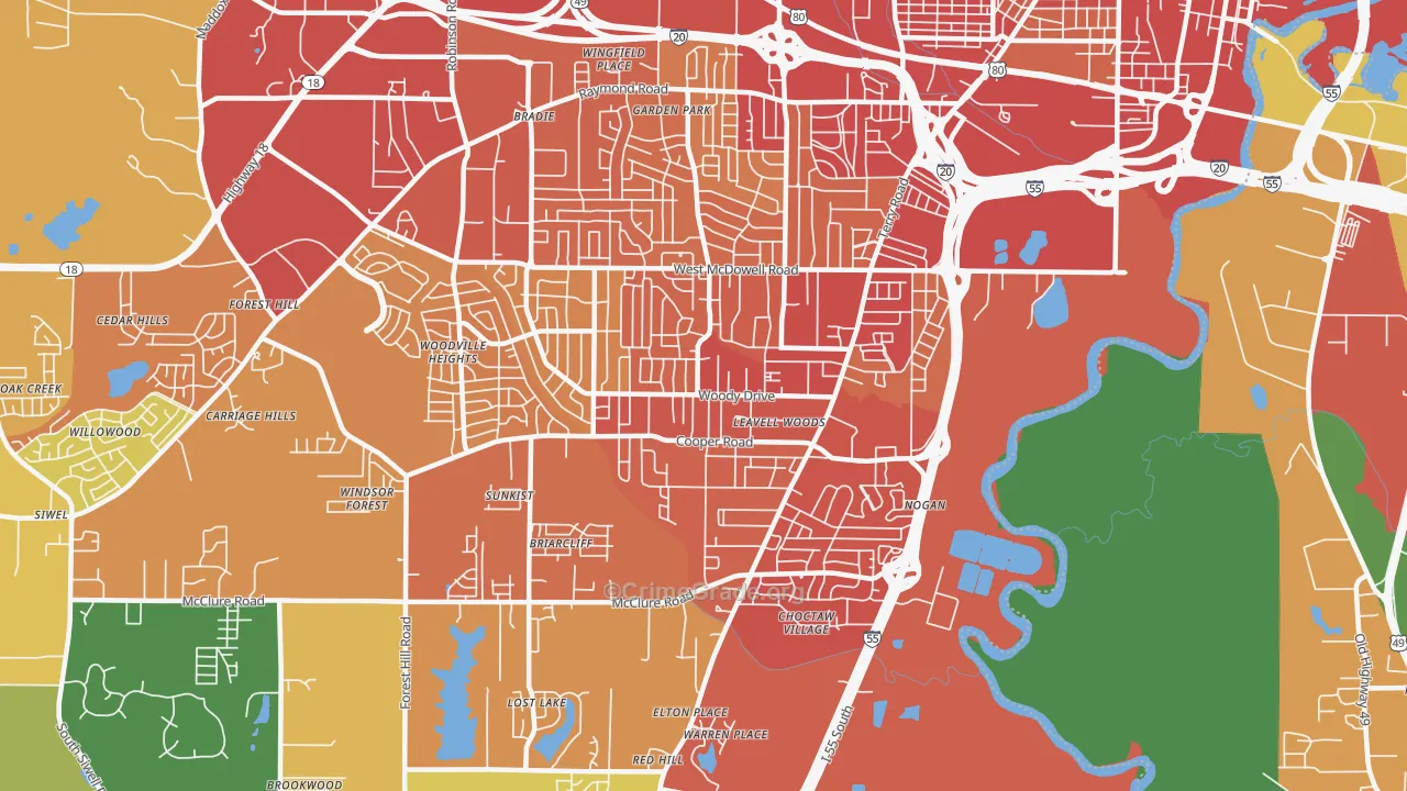 Citizens Southwest, Jackson, MS Map of Robbery Rates