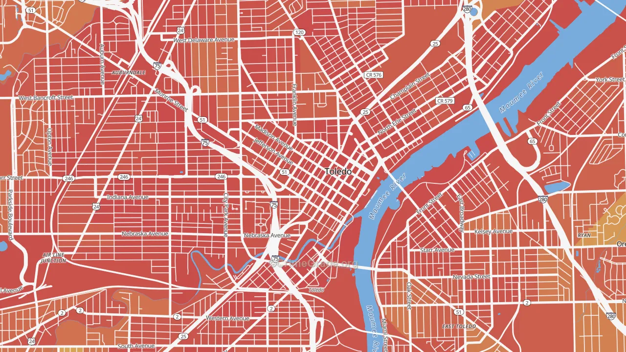 City Center, Toledo, OH Map of Robbery Rates