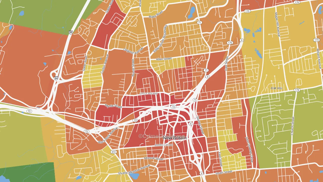 City Hall Monument District, New Britain, CT Map of Robbery Rates