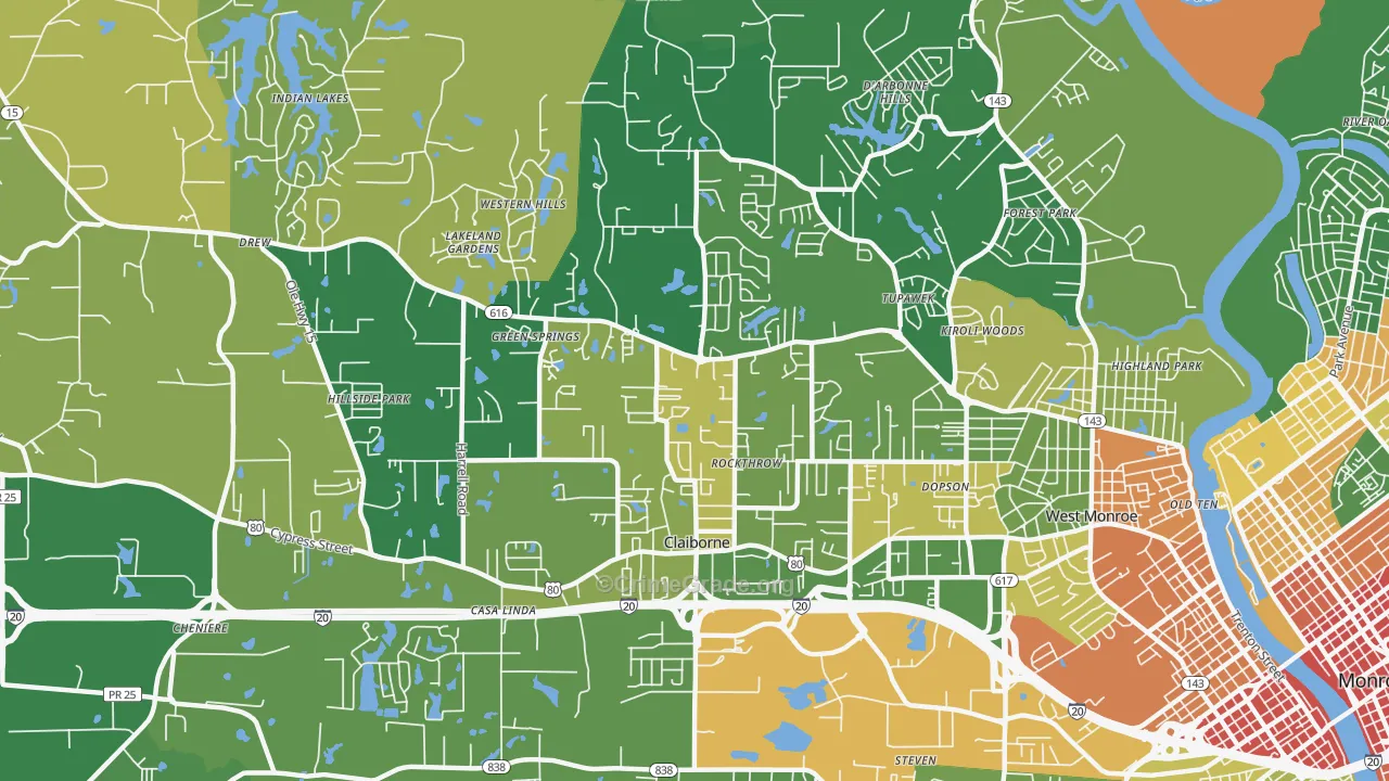 Claiborne, LA Map of Robbery Rates