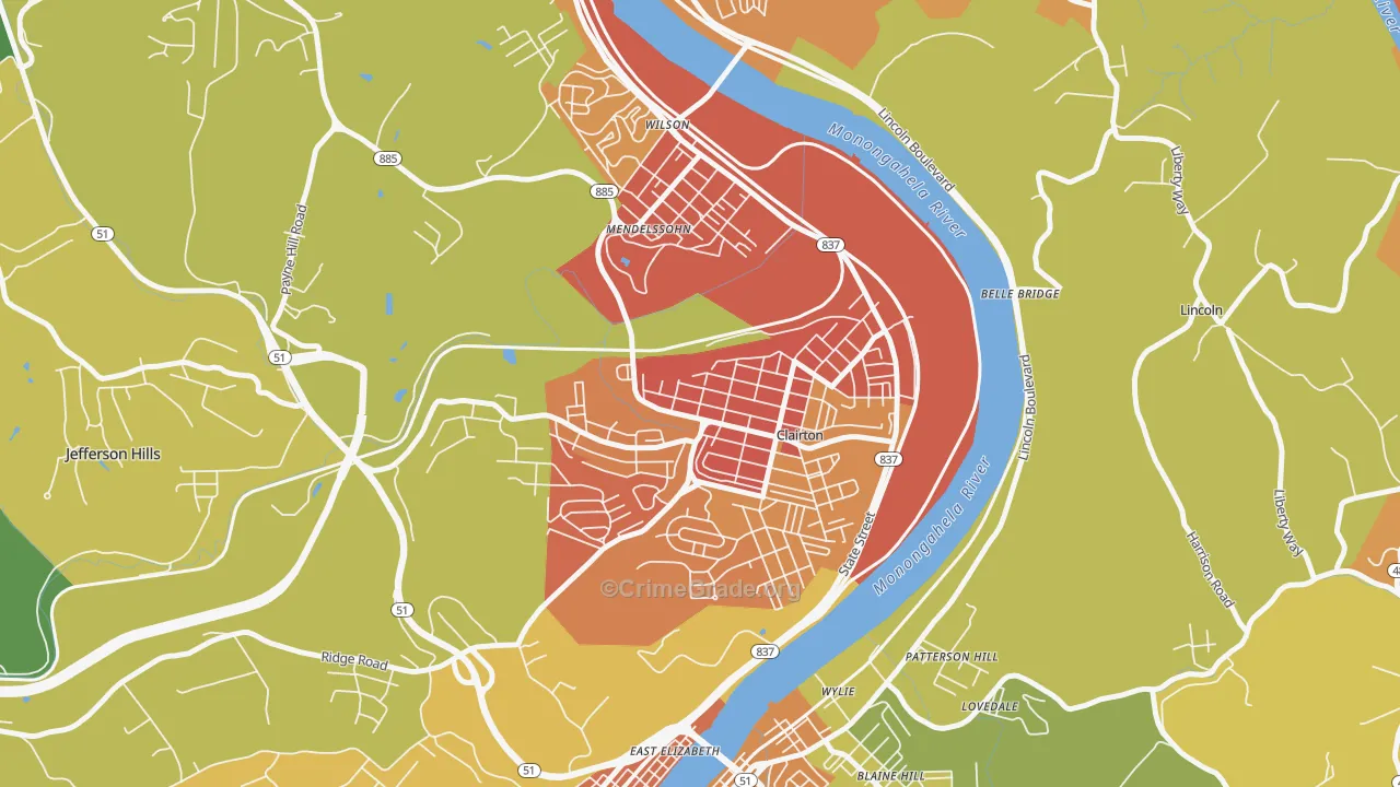Clairton, PA Map of Robbery Rates