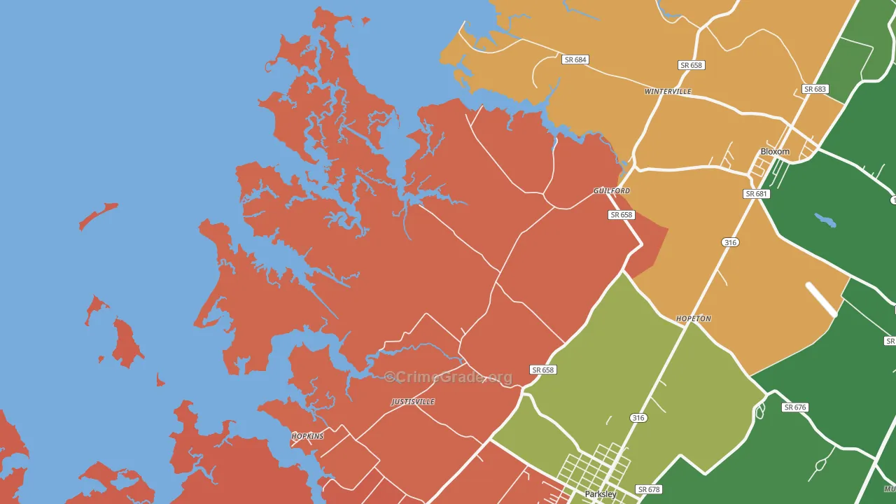 Clam, VA Map of Robbery Rates