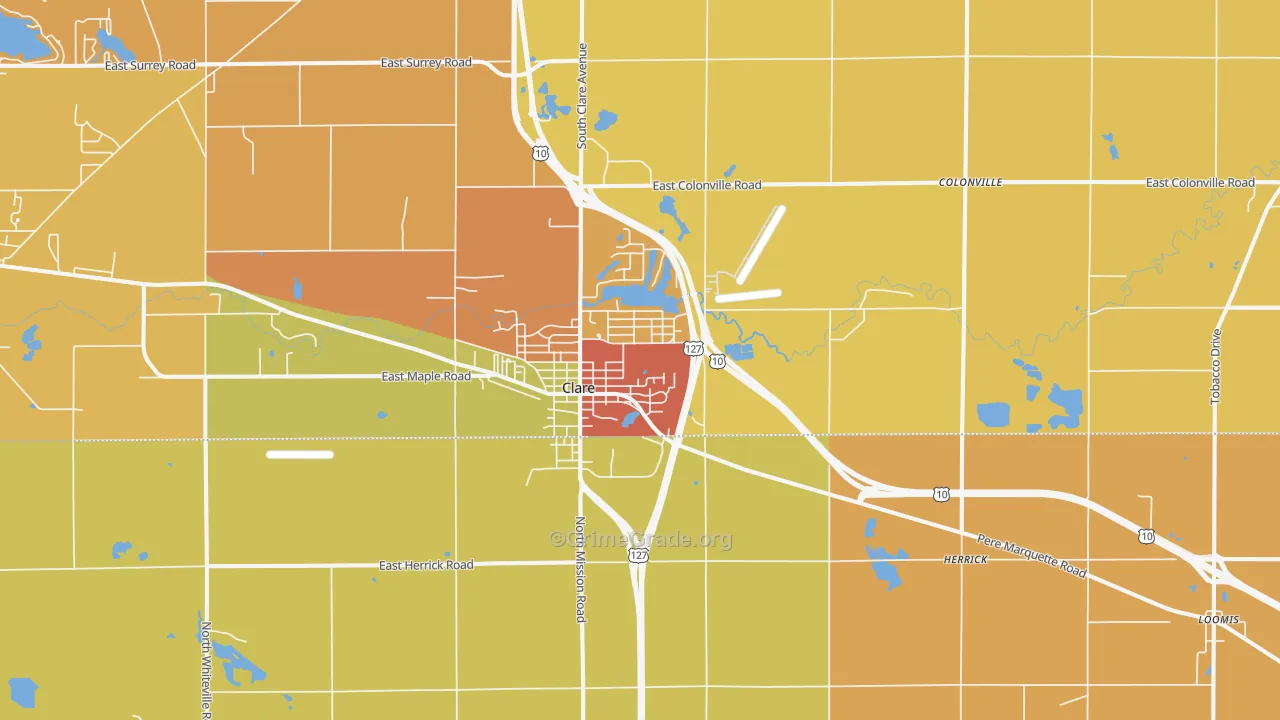 Clare, MI Map of Robbery Rates