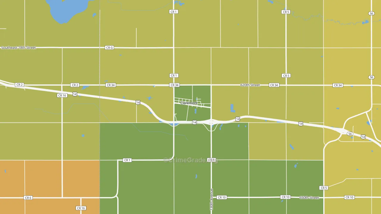 Claremont, MN Map of Robbery Rates