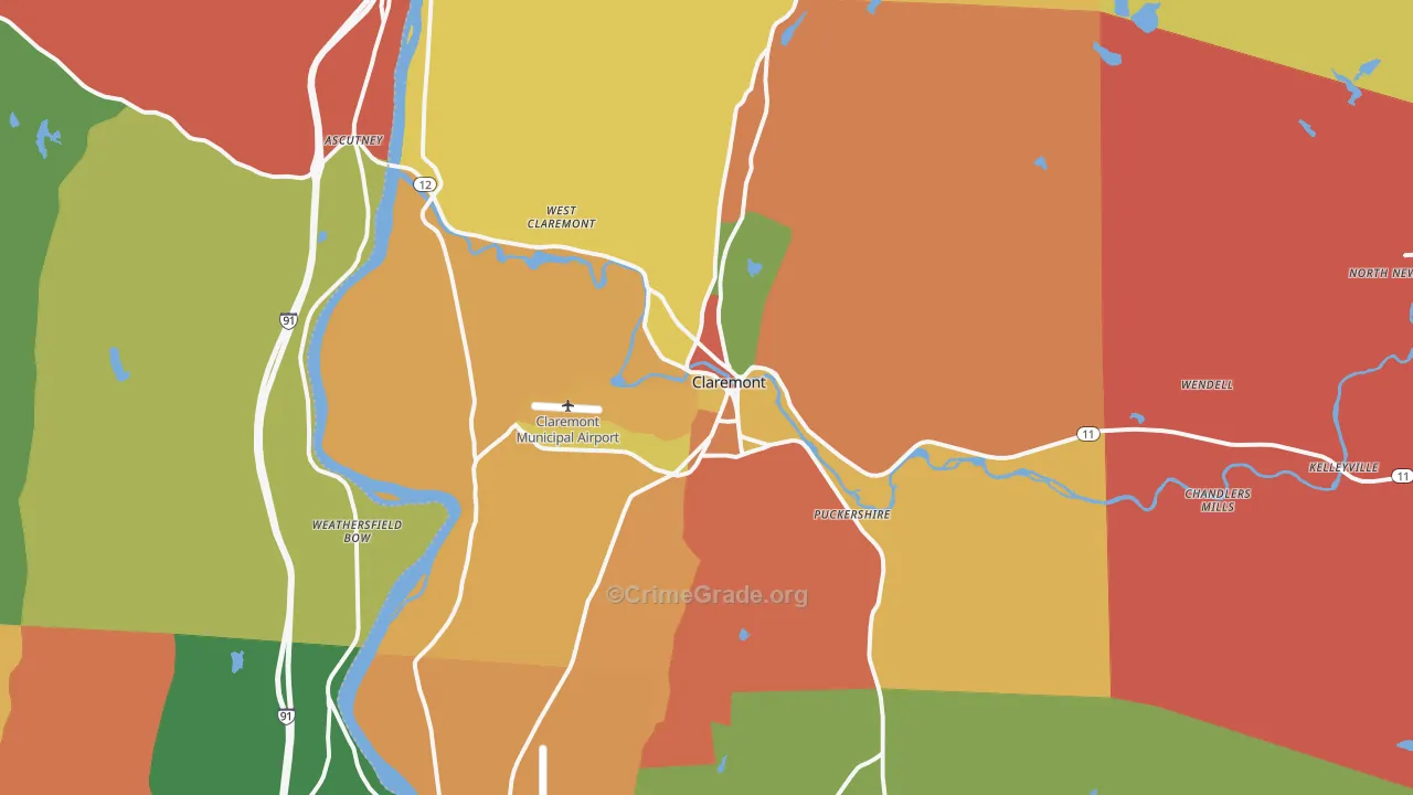 Claremont, NH Map of Robbery Rates