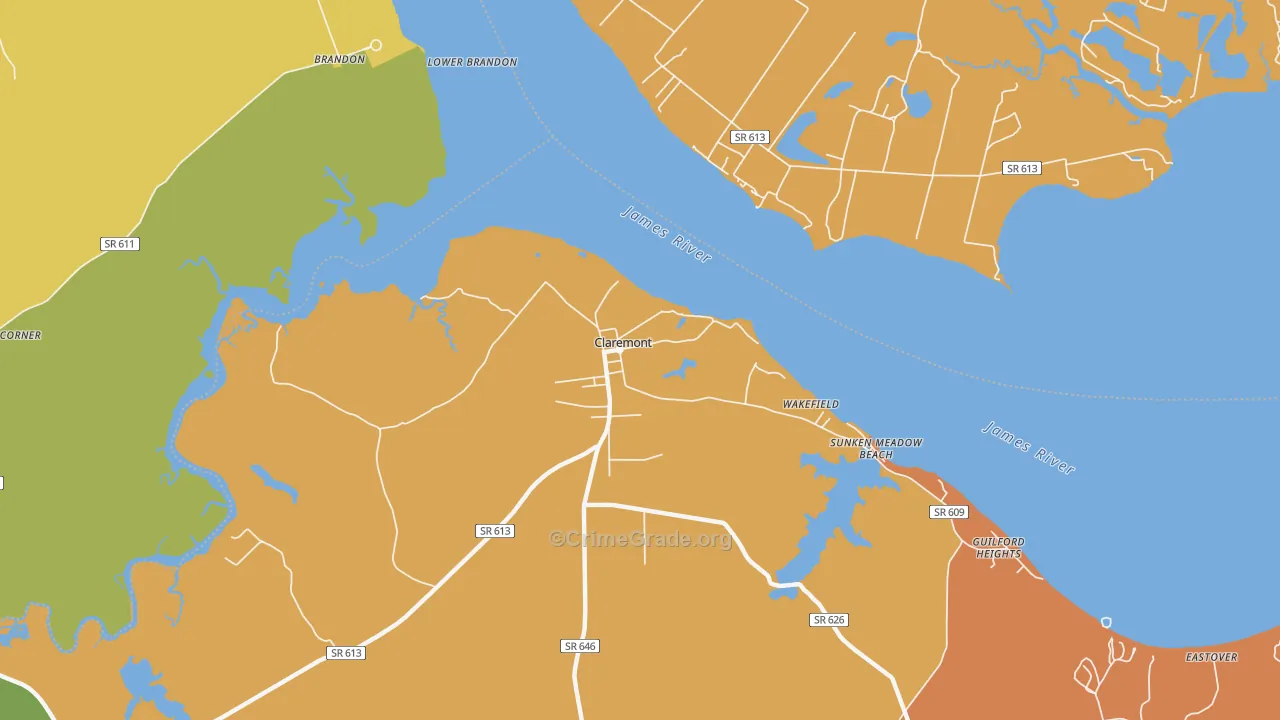Claremont, VA Map of Robbery Rates